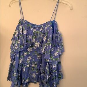 Alice+Olivia Dropped Shoulder Blue Floral Ruffled Blouse XS NWT